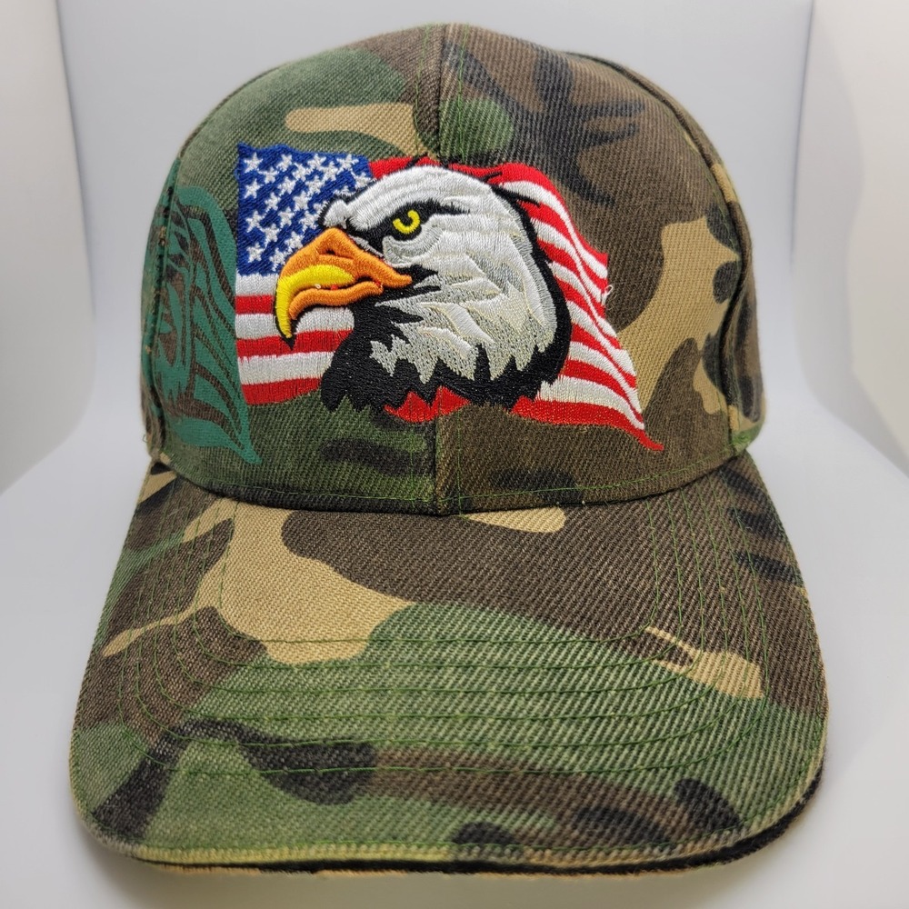 Vtg 90s Camo Bald Eagle American Flag Hat Wool Blend Adjustable Cap Gorpcore EUC